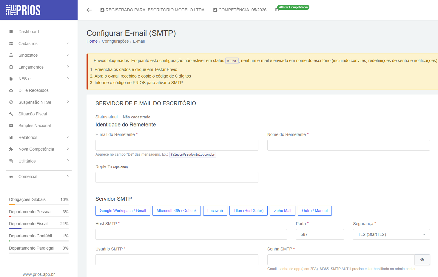 PRIOS — configurador de servidor de e-mail SMTP do escritório