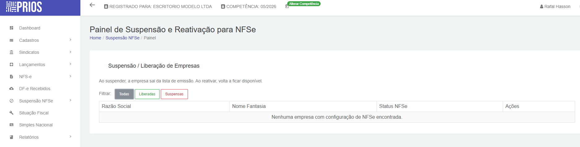PRIOS — Painel de suspensão e reativação de empresas para emissão de NFS-e